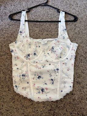 Floral Lace-Trim Bustier Tank Top in White with Blue & Pink Flowers